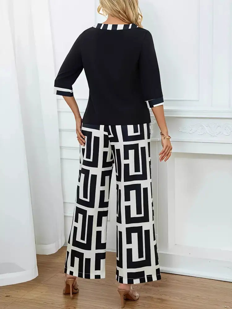 Round Neck Top and Wide Leg Pants Set