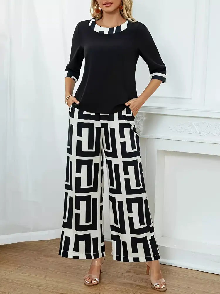 Round Neck Top and Wide Leg Pants Set
