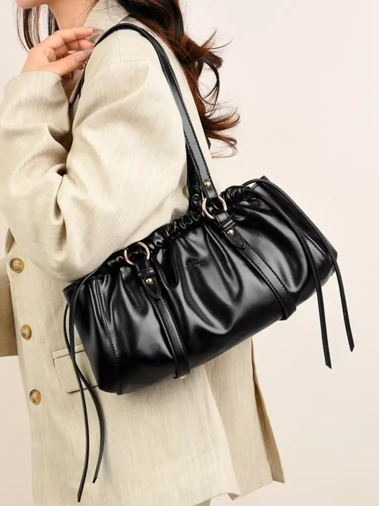 Ruched Leather Shoulder Bag
