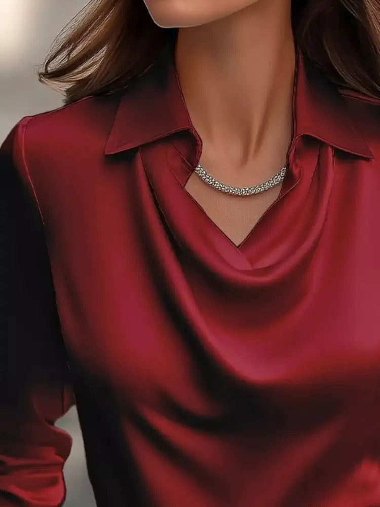 Ruched Long Sleeve Drape Collar Blouse