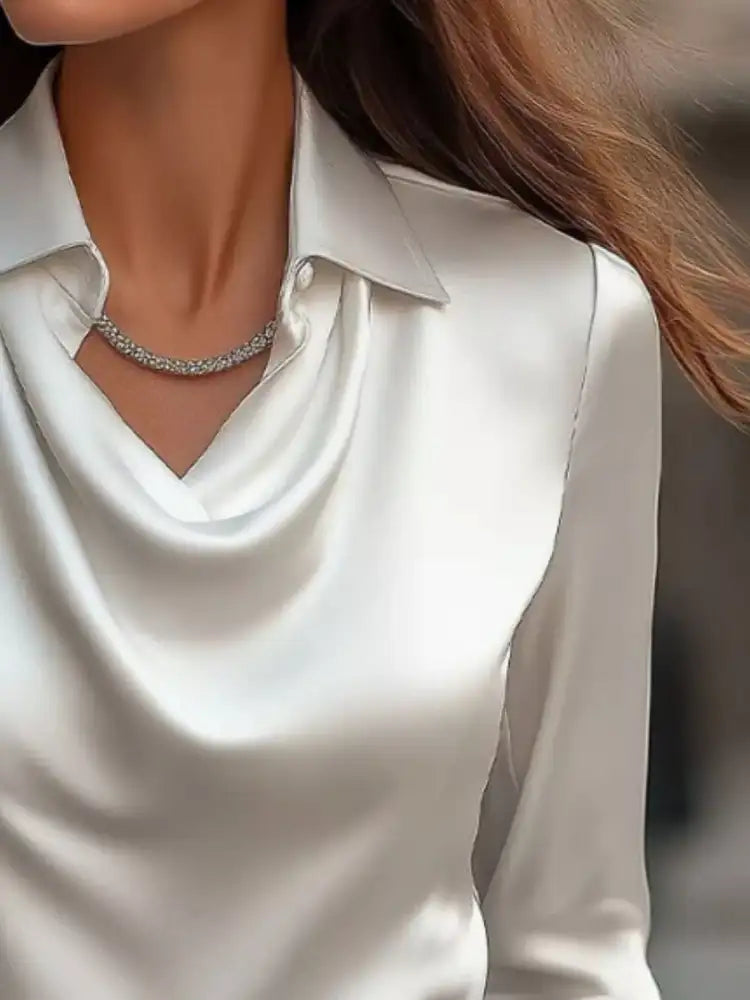 Ruched Long Sleeve Drape Collar Blouse