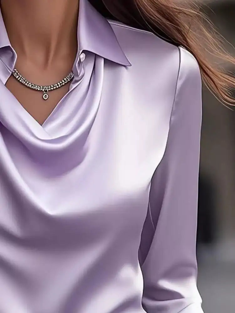 Ruched Long Sleeve Drape Collar Blouse