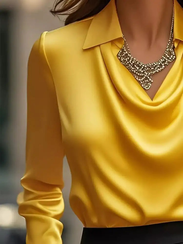 Ruched Long Sleeve Drape Collar Blouse