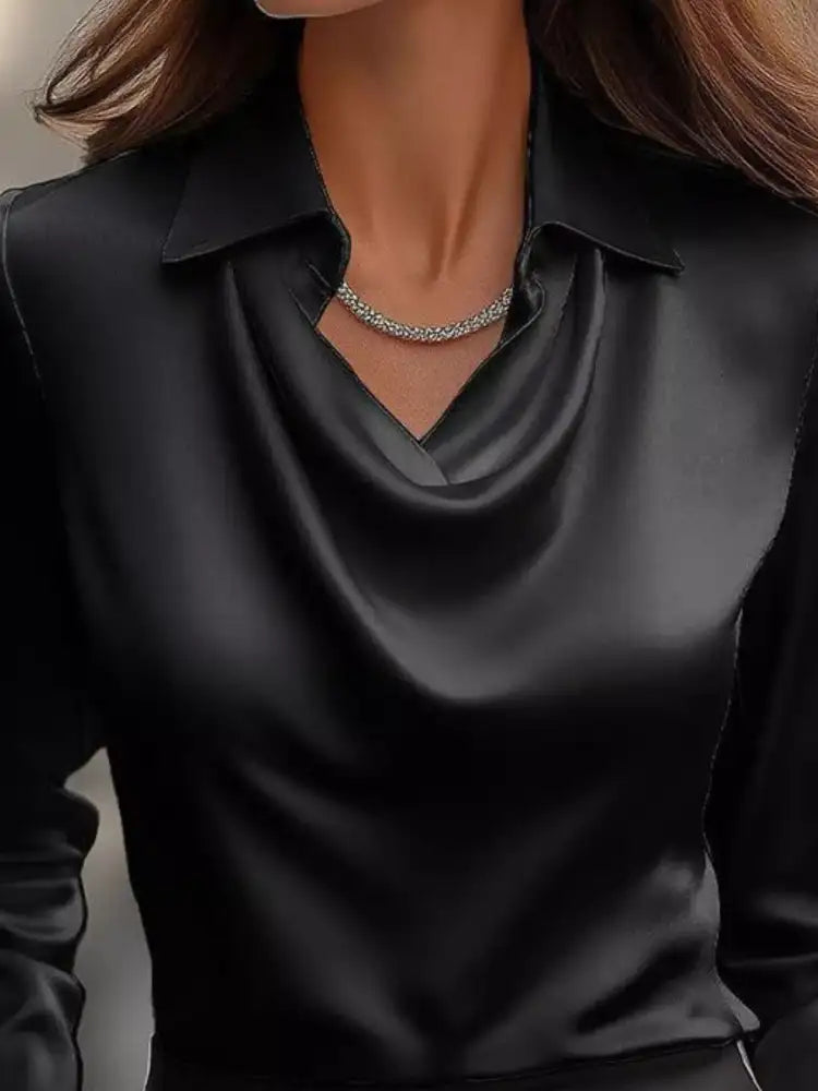 Ruched Long Sleeve Drape Collar Blouse