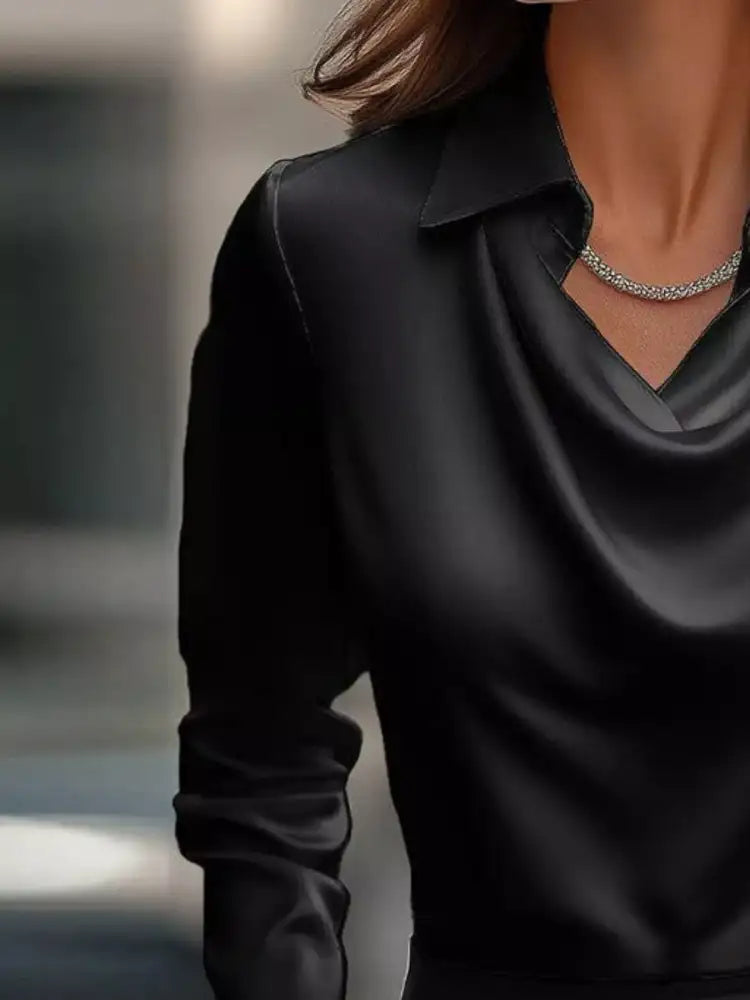 Ruched Long Sleeve Drape Collar Blouse