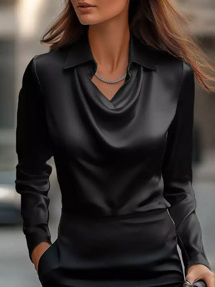 Ruched Long Sleeve Drape Collar Blouse