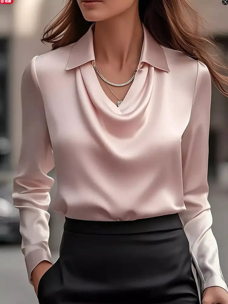 Ruched Long Sleeve Drape Collar Blouse