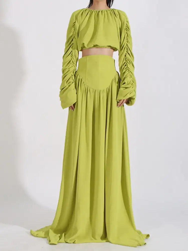 Ruched Long Sleeve Top and High Waist Skirt Set