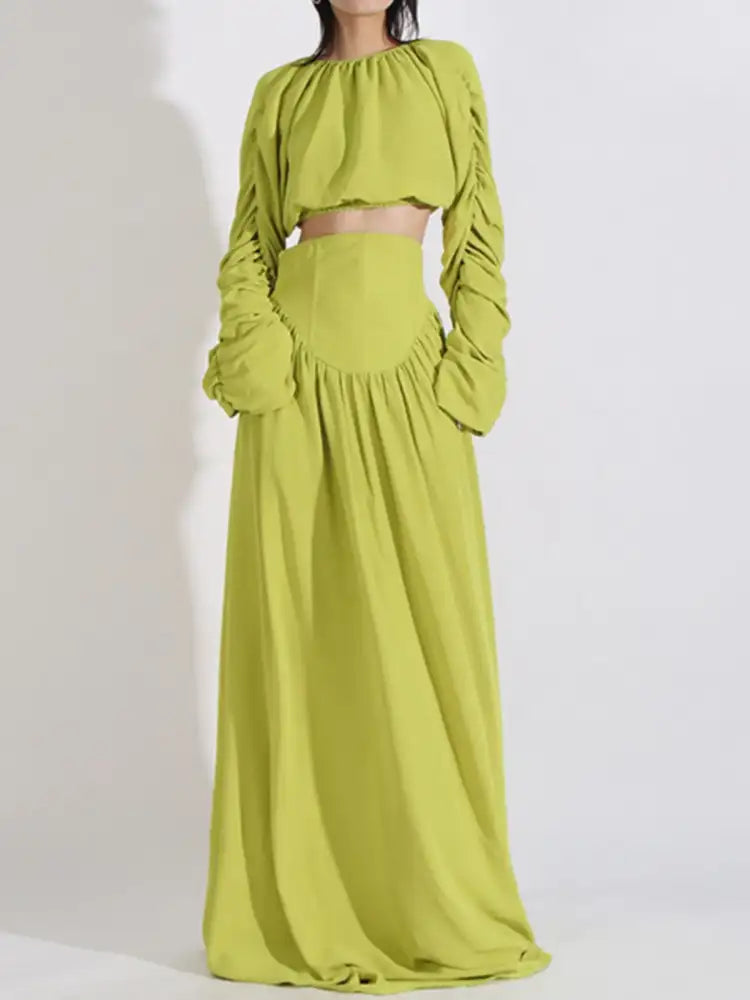 Ruched Long Sleeve Top and High Waist Skirt Set