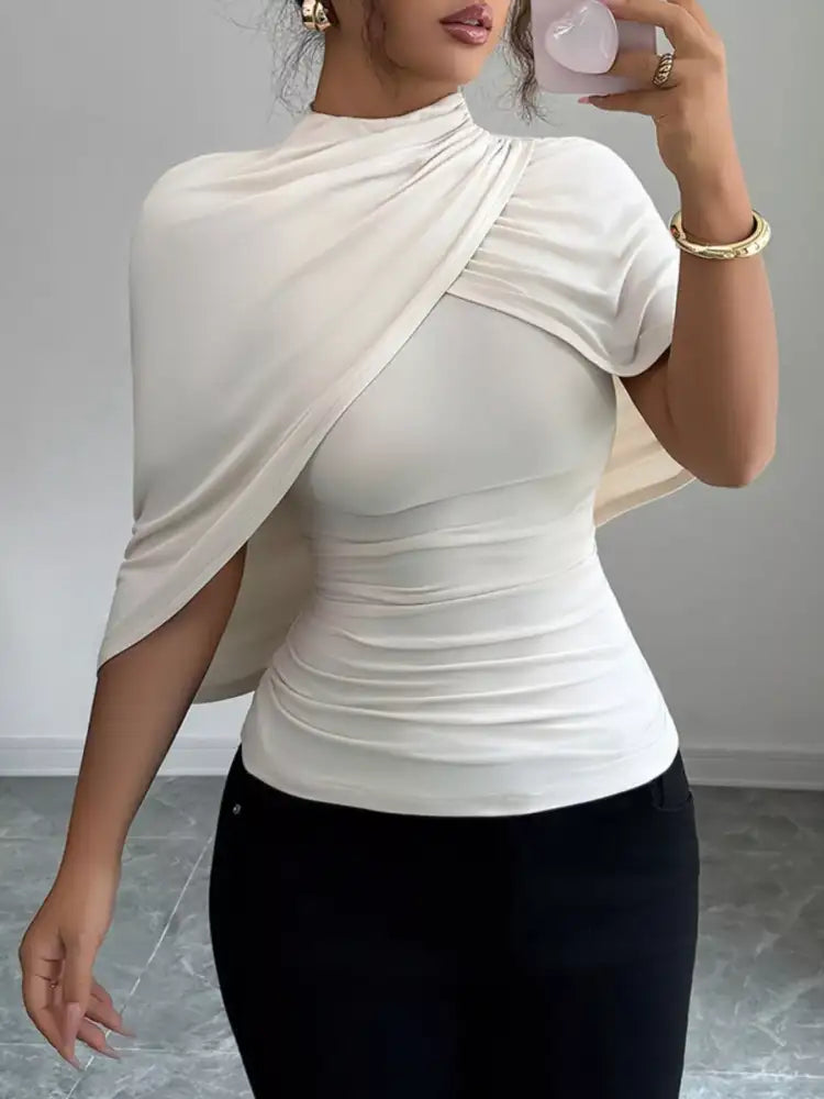 Ruched Mock Neck Shawl Half Sleeve Top