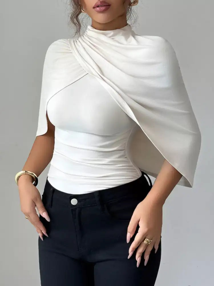 Ruched Mock Neck Shawl Half Sleeve Top