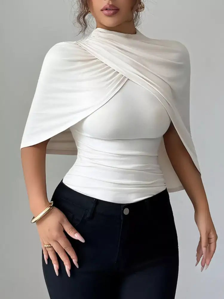 Ruched Mock Neck Shawl Half Sleeve Top