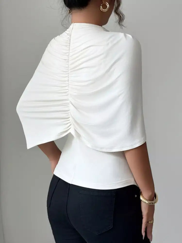 Ruched Mock Neck Shawl Half Sleeve Top