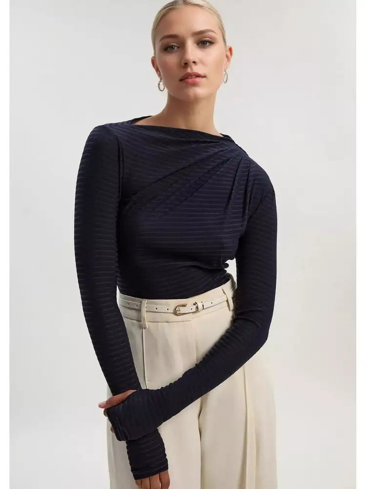 Ruched Striped Long Sleeve Top