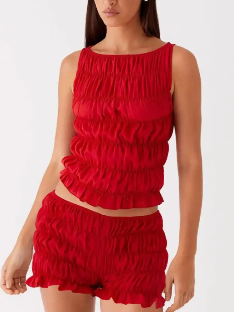 Ruched Texture Tank and Shorts Two-Piece Set