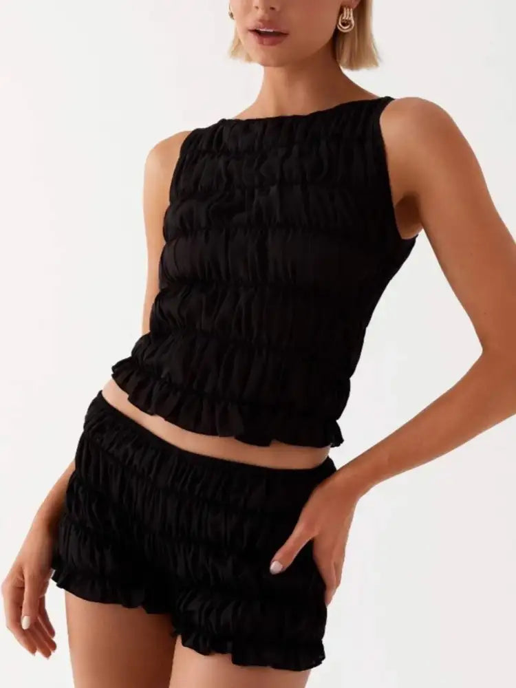 Ruched Texture Tank and Shorts Two-Piece Set