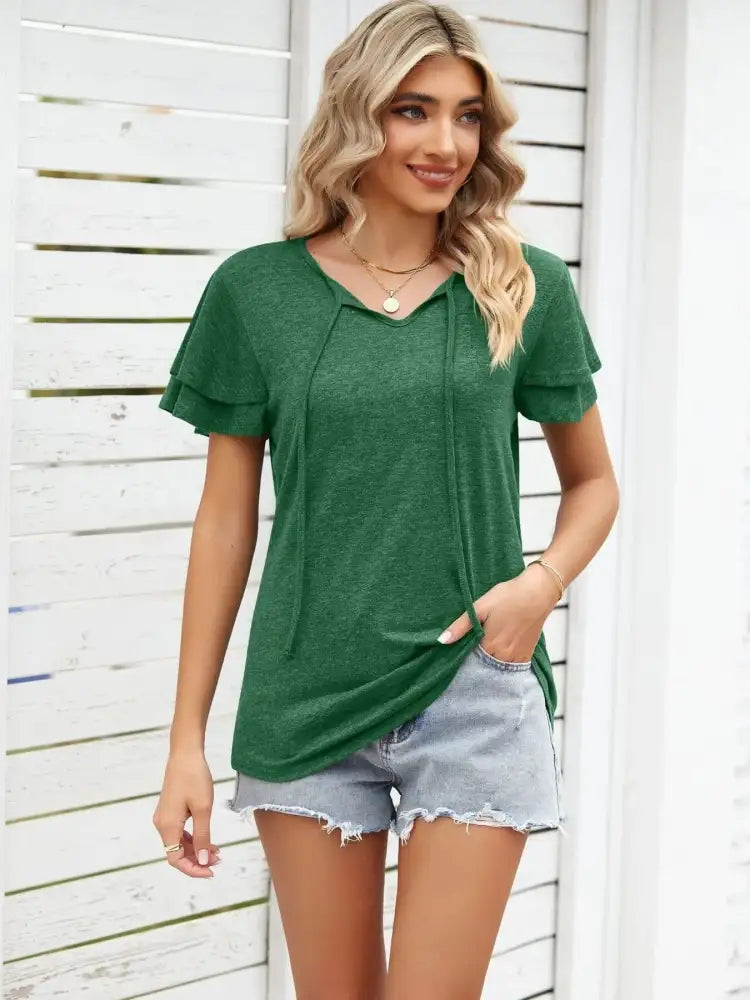 Ruffle Sleeve Keyhole Tie Neck T-Shirt