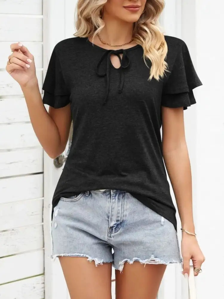 Ruffle Sleeve Keyhole Tie Neck T-Shirt