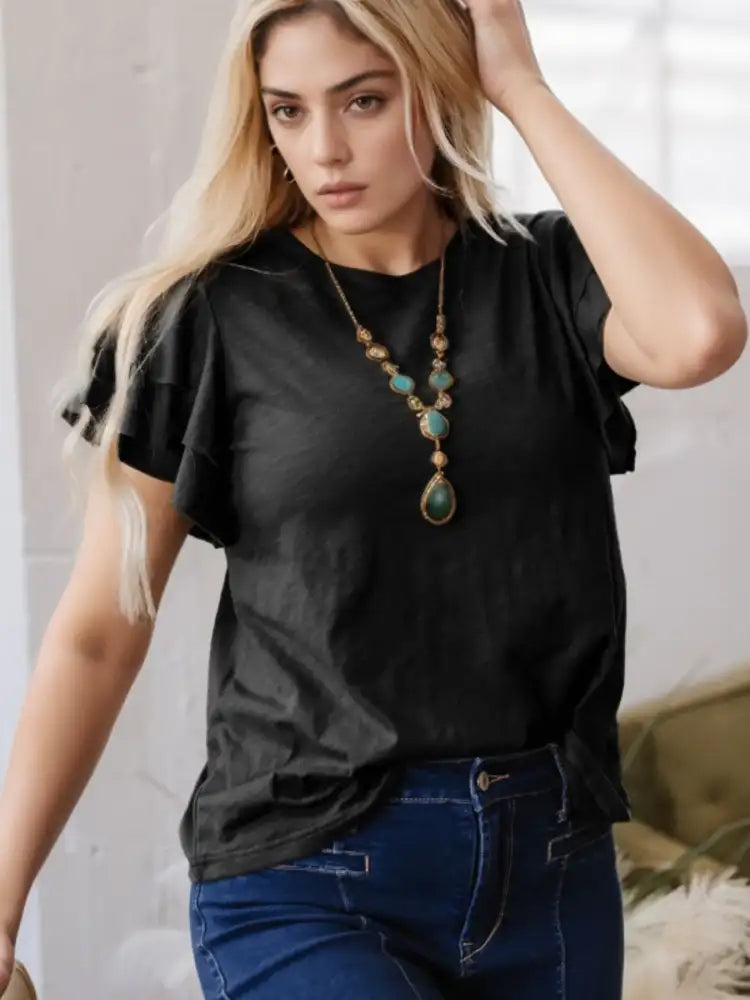 Ruffle Sleeve Round Neck Top