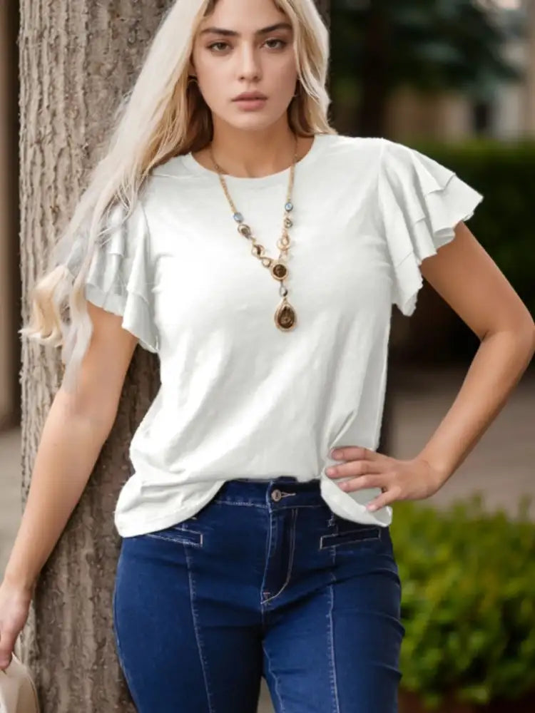 Ruffle Sleeve Round Neck Top