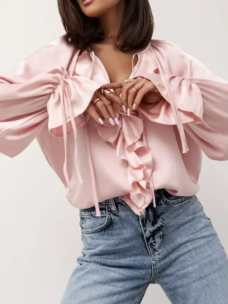 Ruffle Trim Satin Flounce Sleeve Blouse