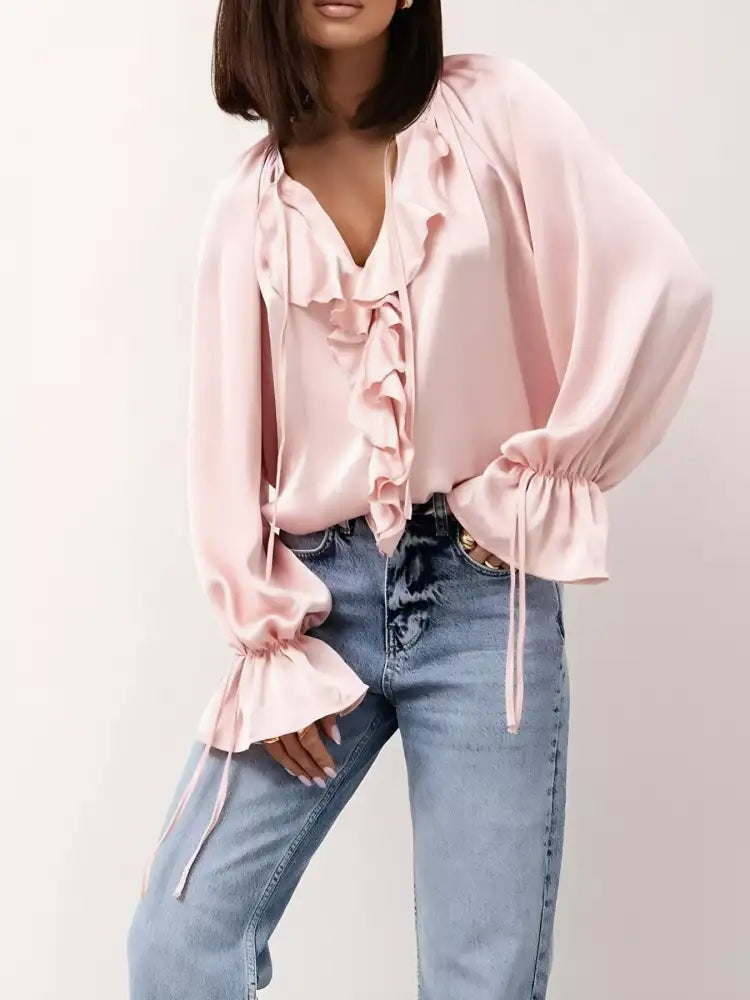 Ruffle Trim Satin Flounce Sleeve Blouse