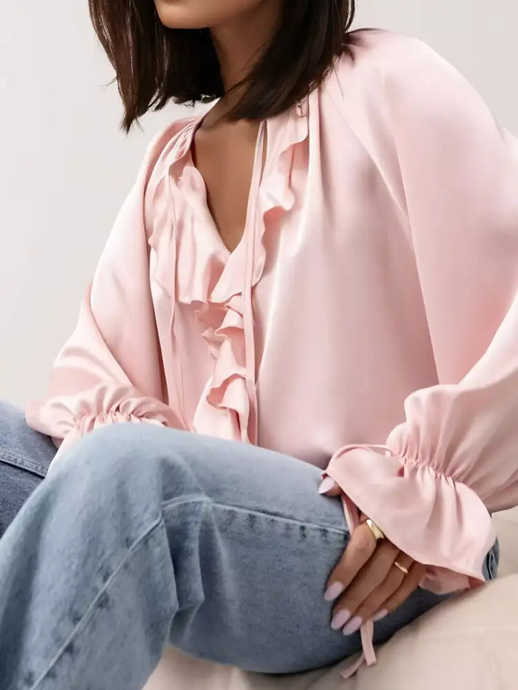 Ruffle Trim Satin Flounce Sleeve Blouse