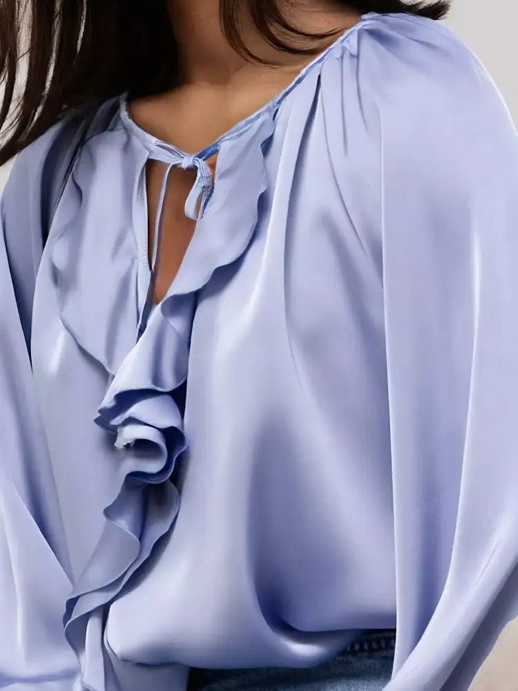 Ruffle Trim Satin Flounce Sleeve Blouse
