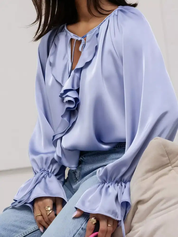 Ruffle Trim Satin Flounce Sleeve Blouse
