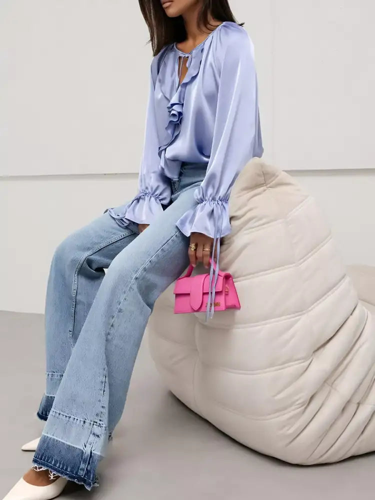 Ruffle Trim Satin Flounce Sleeve Blouse