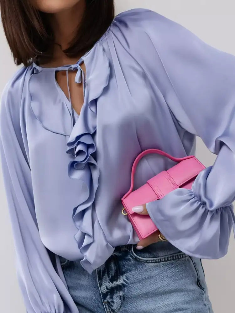 Ruffle Trim Satin Flounce Sleeve Blouse