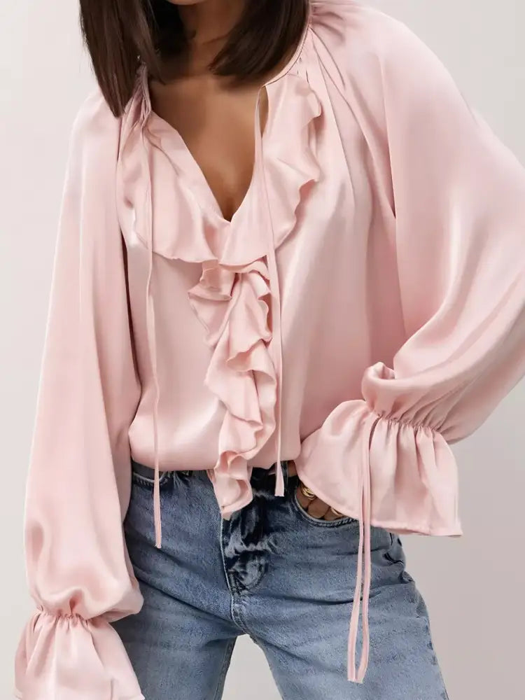 Ruffle Trim Satin Flounce Sleeve Blouse