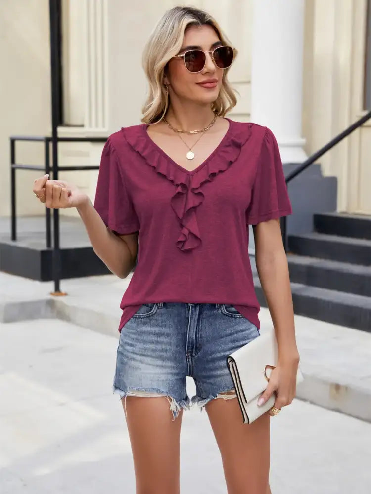 Ruffle Trim V-Neck Casual T-Shirt