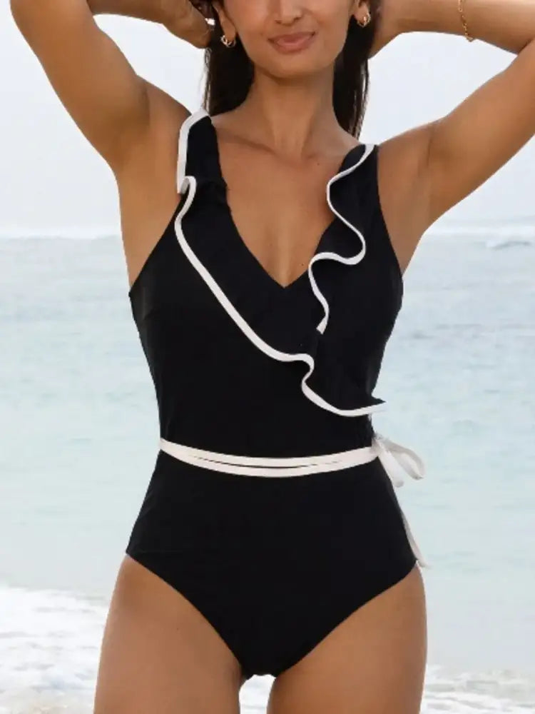 Ruffle Trim V-Neck One-Piece Swimsuit