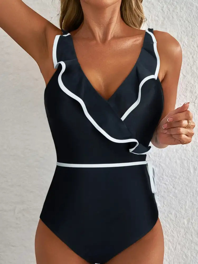 Ruffle Trim V-Neck One-Piece Swimsuit