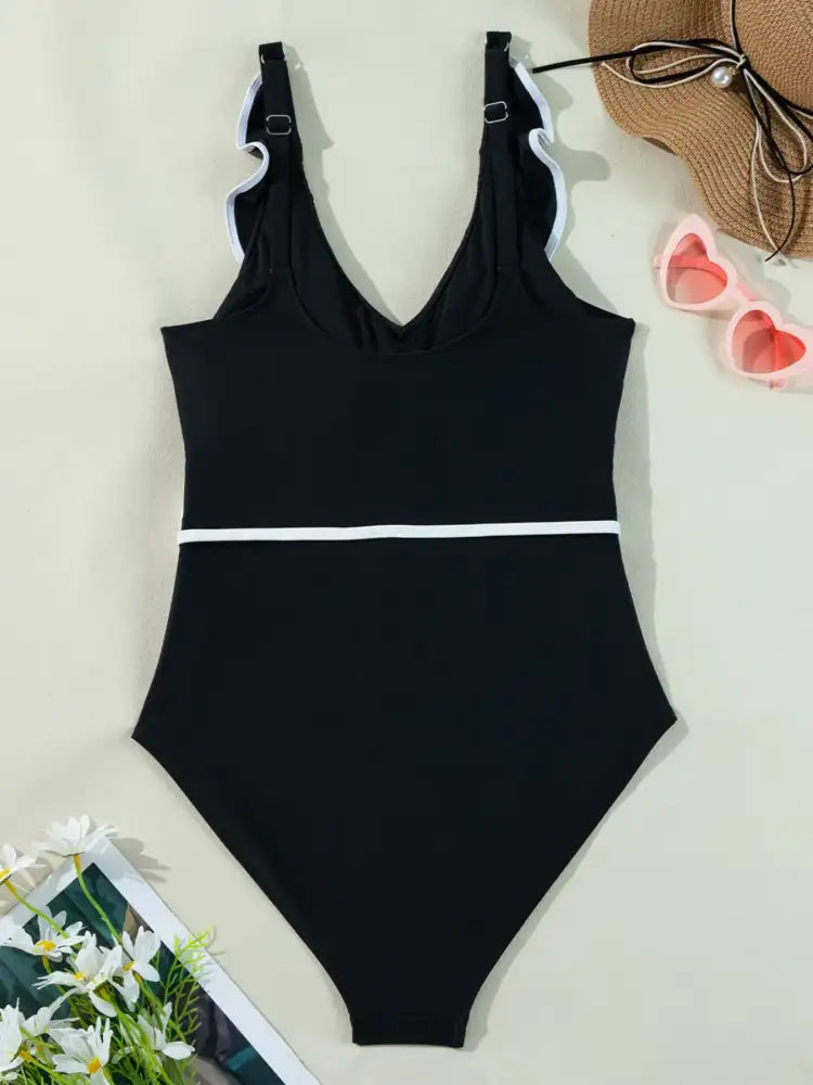 Ruffle Trim V-Neck One-Piece Swimsuit