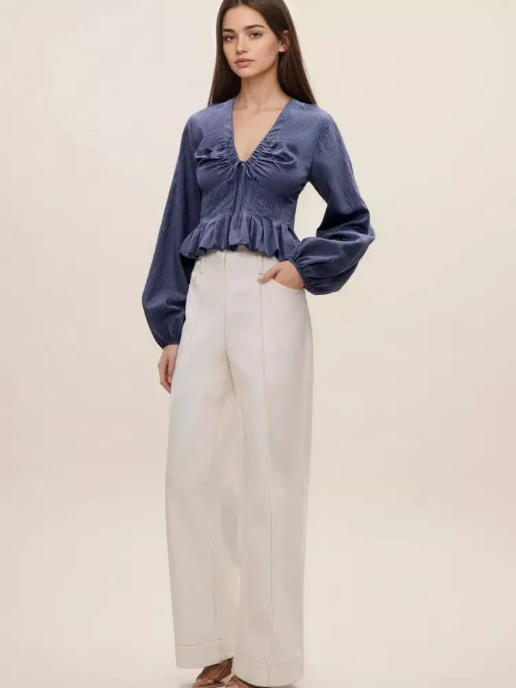 Ruffled Hem Balloon Sleeve Blouse