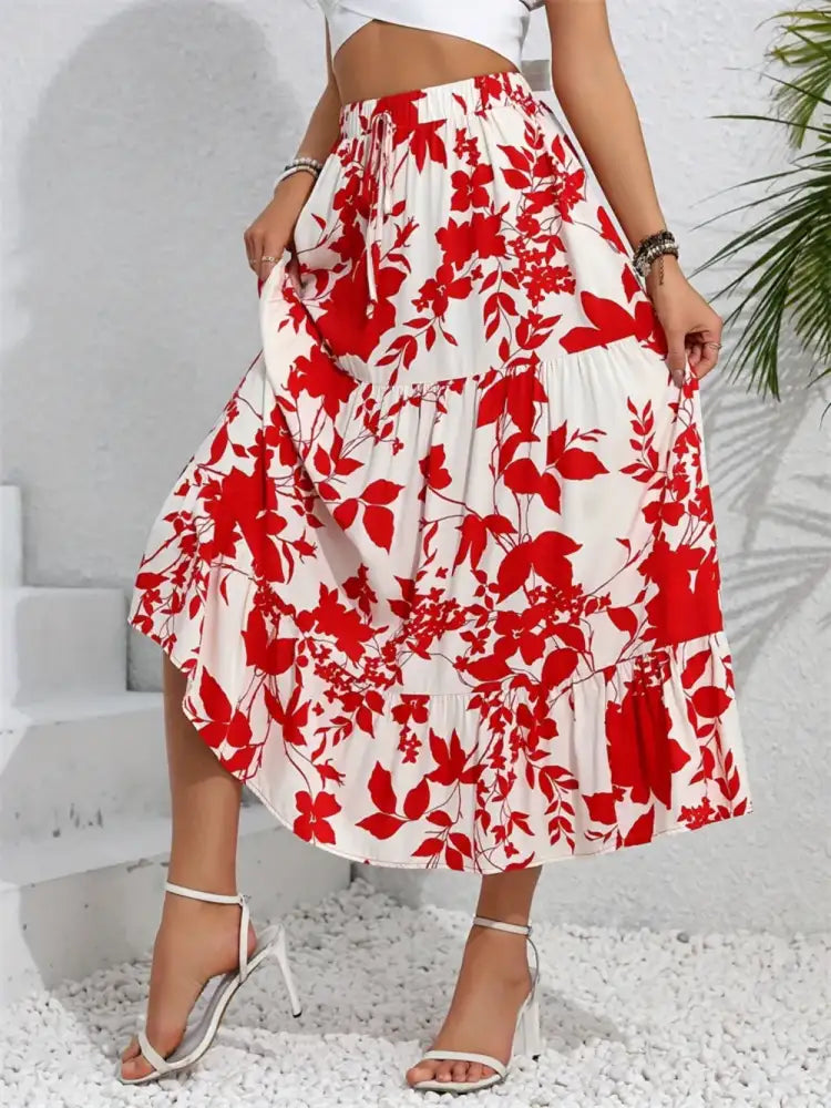 Ruffled Hem Printed Midi Skirt