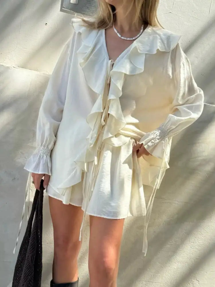 Ruffled Long Sleeve Shirt and Shorts Set