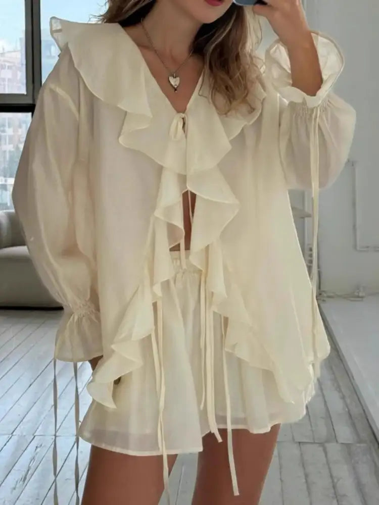 Ruffled Long Sleeve Shirt and Shorts Set
