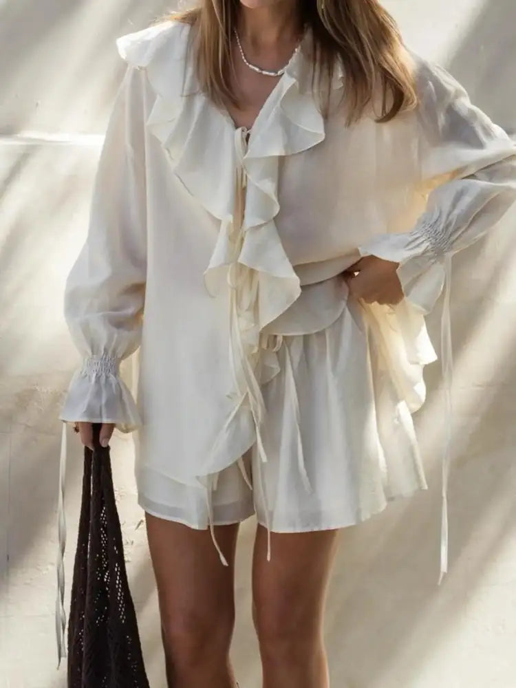 Ruffled Long Sleeve Shirt and Shorts Set