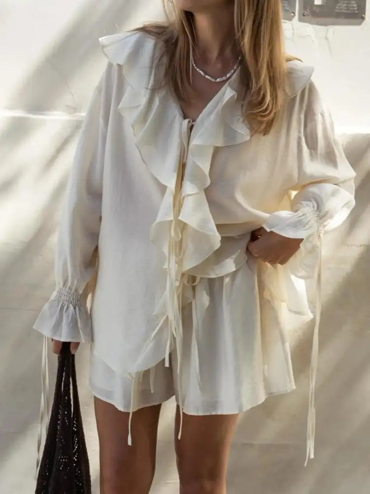 Ruffled Long Sleeve Shirt and Shorts Set