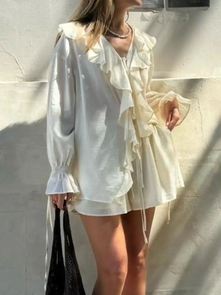 Ruffled Long Sleeve Shirt and Shorts Set