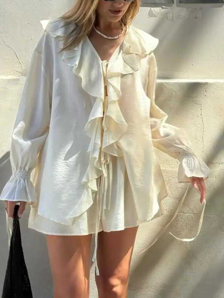 Ruffled Long Sleeve Shirt and Shorts Set