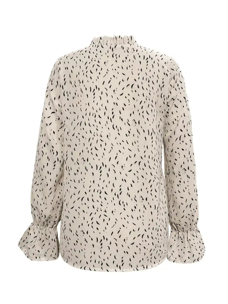 Ruffled Printed Tie Neck Long Sleeve Blouse