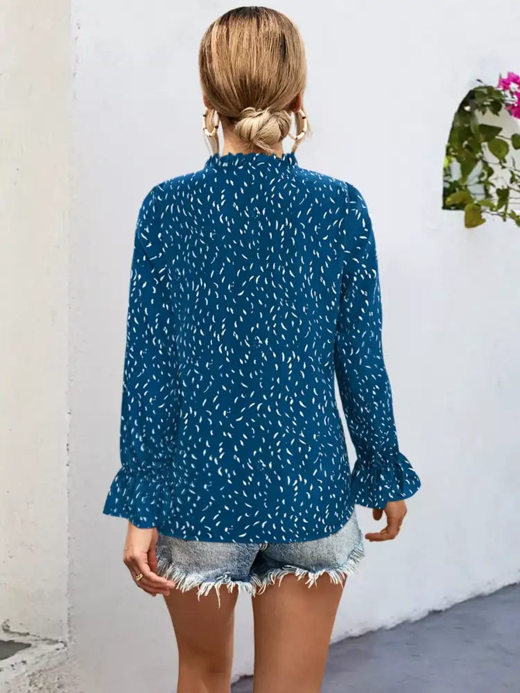 Ruffled Printed Tie Neck Long Sleeve Blouse