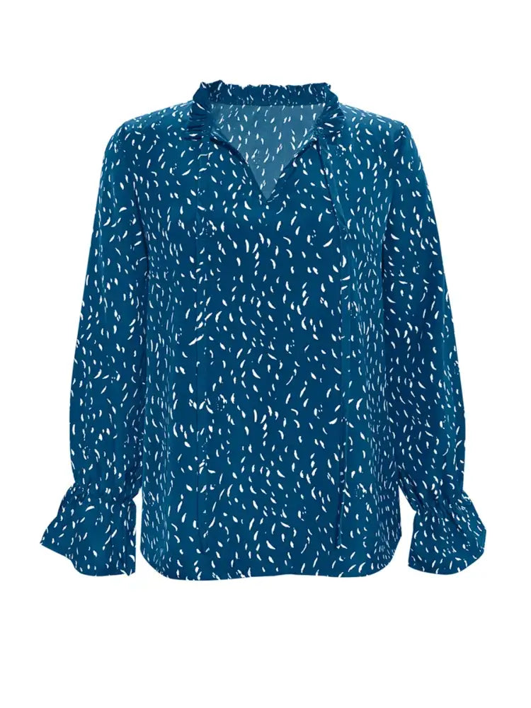 Ruffled Printed Tie Neck Long Sleeve Blouse