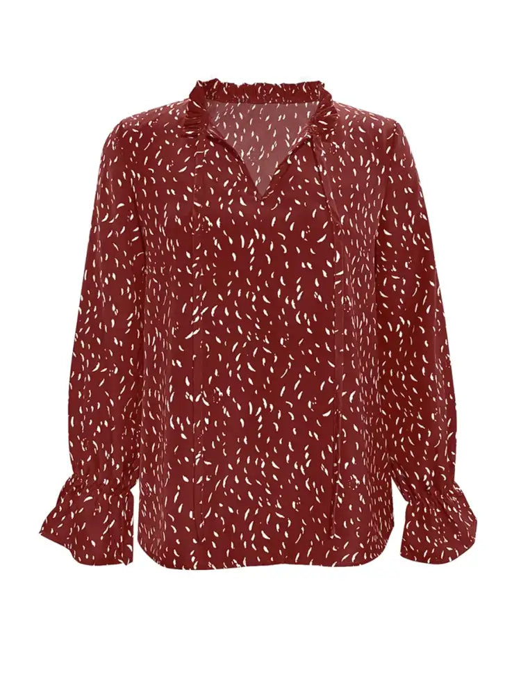 Ruffled Printed Tie Neck Long Sleeve Blouse