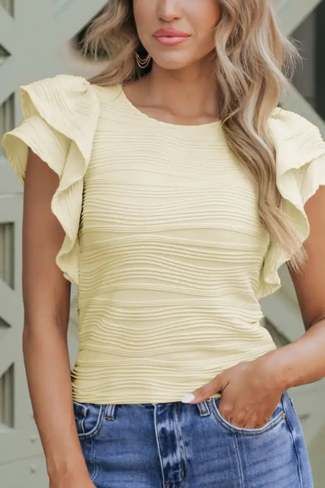 Ruffled Round Neck Textured Top