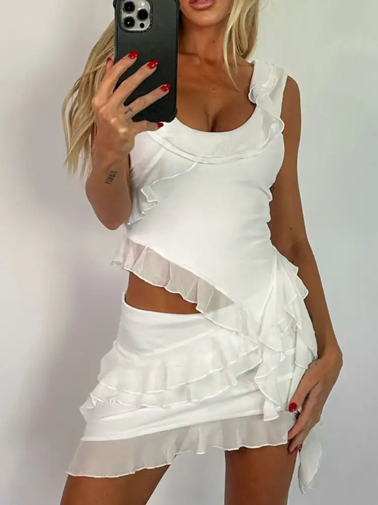 Ruffled Scoop Neck Tank and Skirt Set